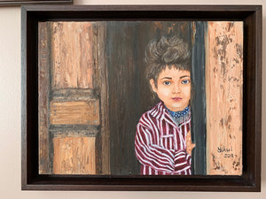 Girl Looking Out The Door - Oil Painting